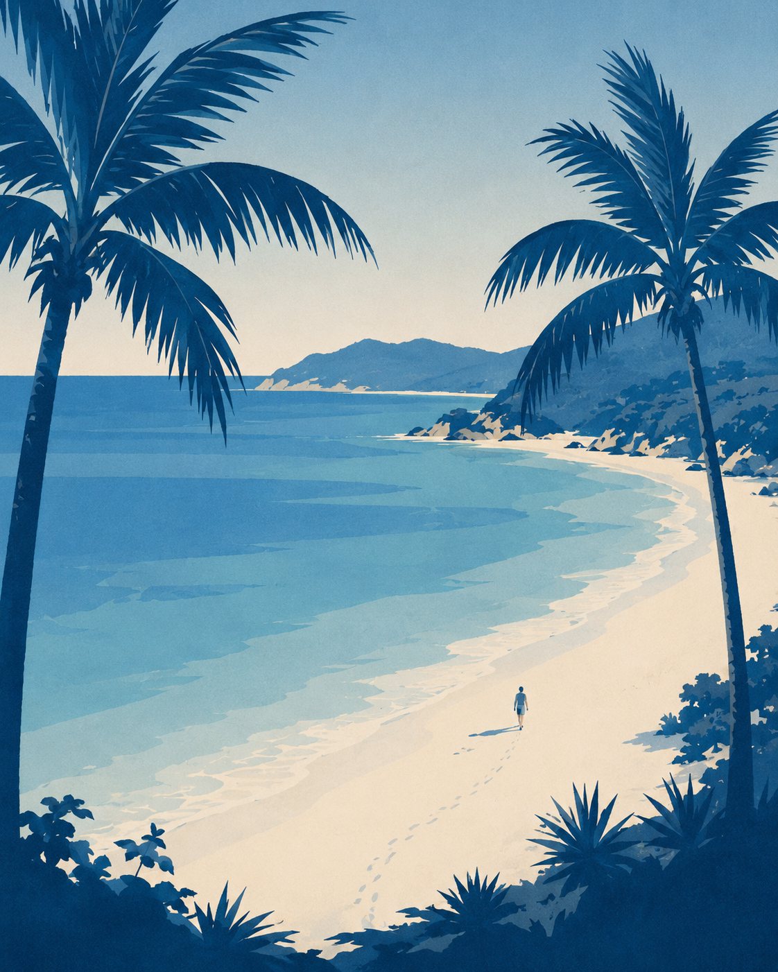 Painterly illustration of Saline Beach — palm silhouettes and a single tiny figure walking on the sand