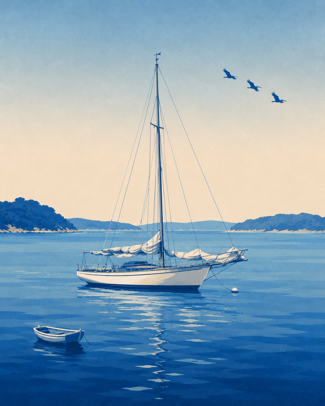 Painterly illustration of a sloop at anchor in a Caribbean cove with pelicans flying overhead